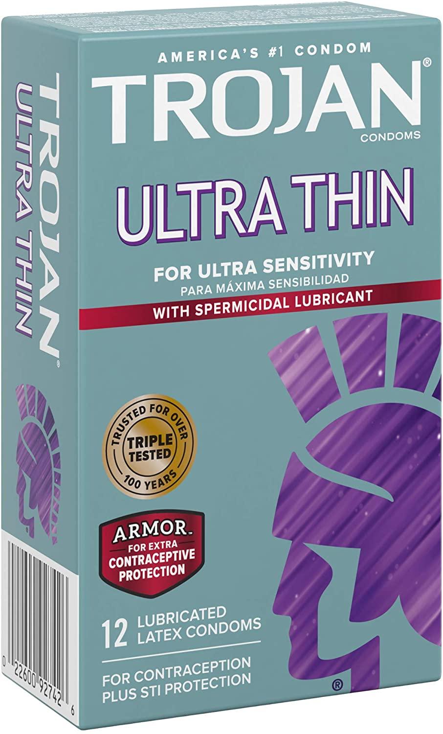 Trojan Condom Sensitivity Ultra Thin Spermicidal, 12 Count (Packaging May Vary)