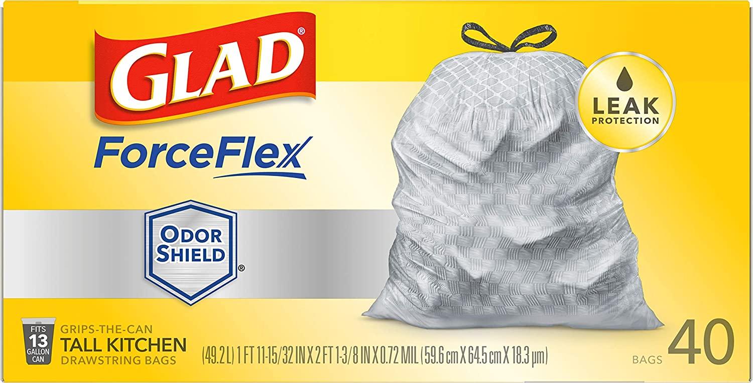 Glad ForceFlex Tall Kitchen Drawstring Trash Bags 13 Gallon Grey Trash Bag, Unscented OdorShield 40 Count (Package May Vary)