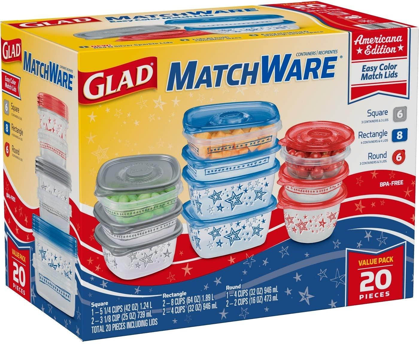 Glad Food Storage Containers, Glad Match Ware Variety Pack, 10 Containers, 20pc Set