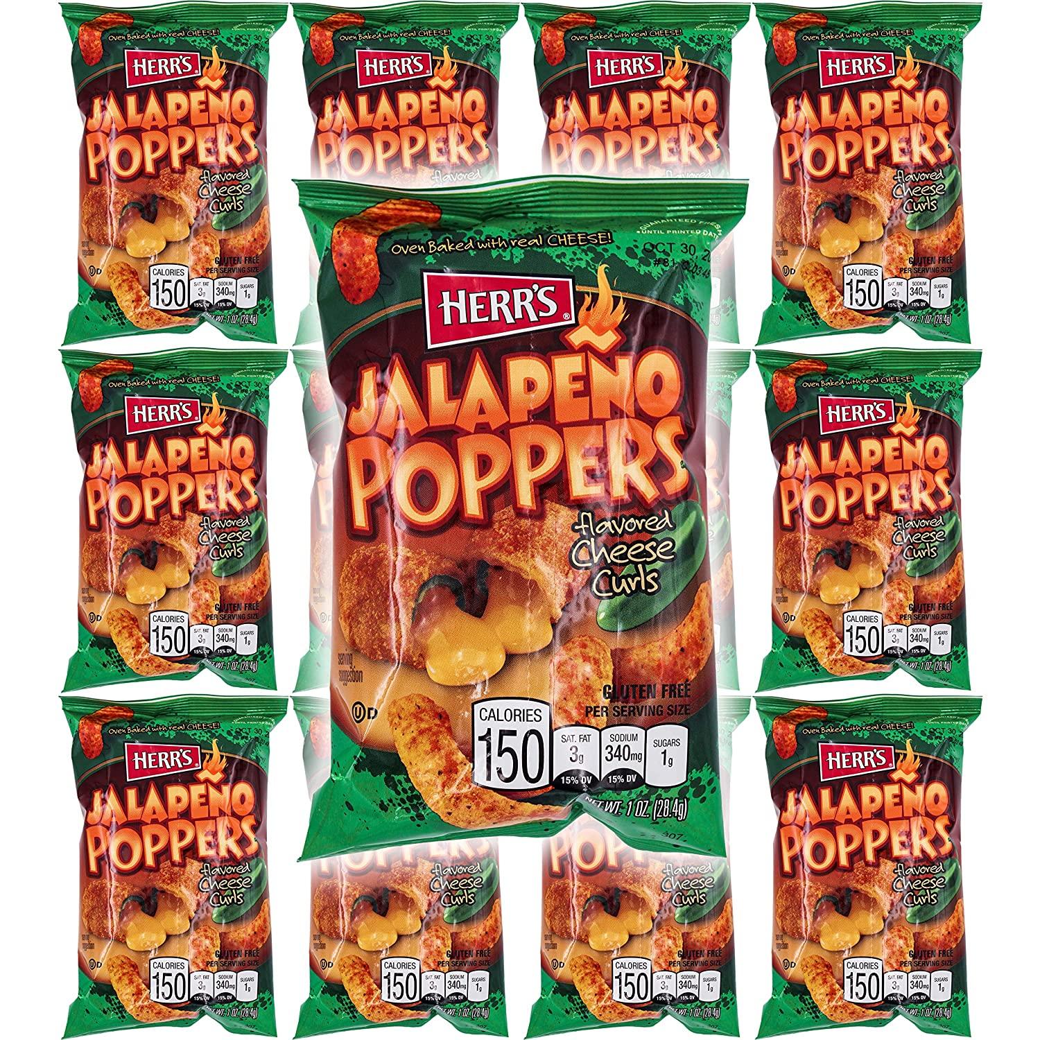HERR'S Jalapeno Poppers Flavored Cheese Curls, Gluten-Free, 1oz Bag (Pack of 12, Total of 12 Oz)