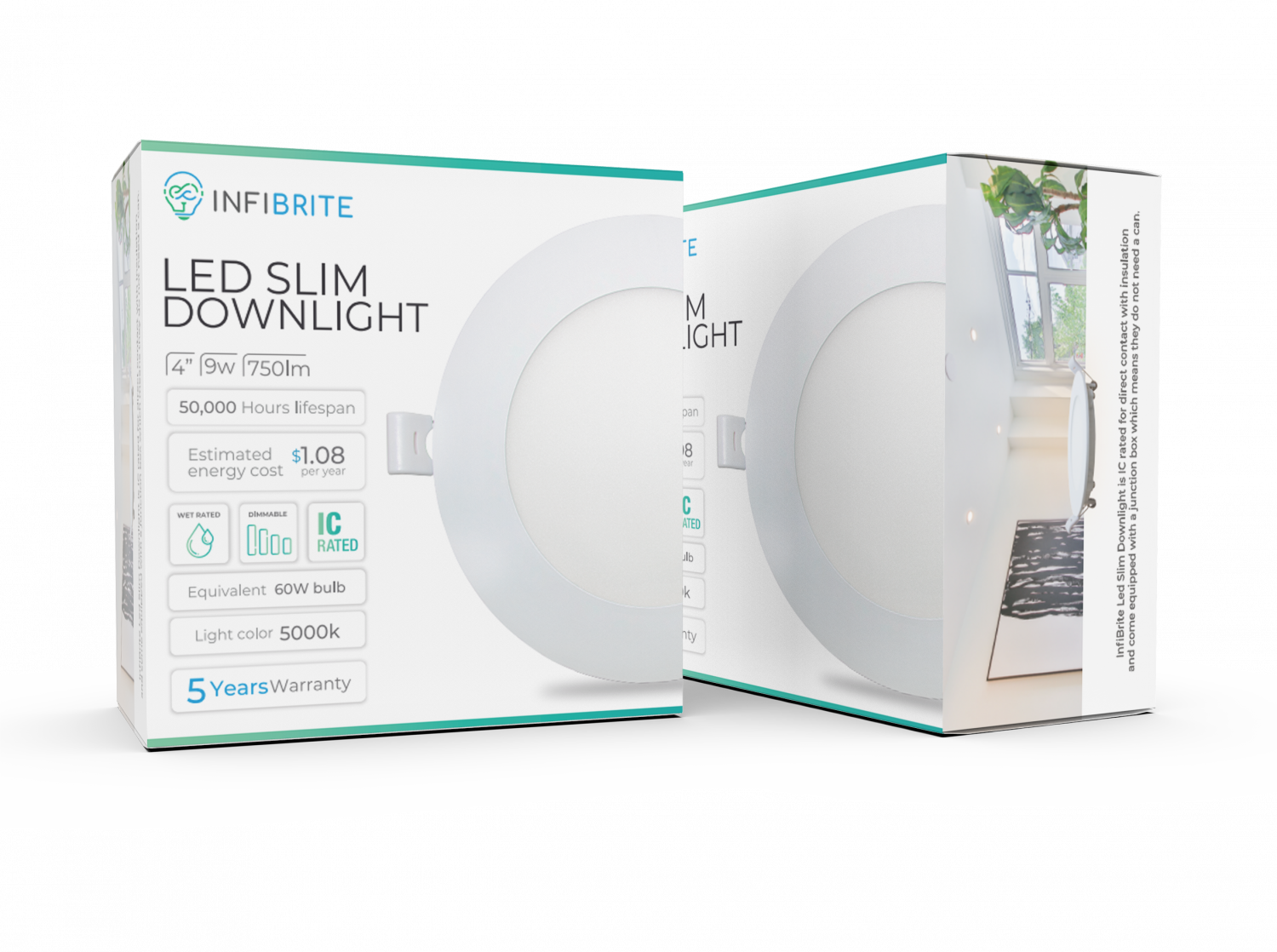 Infibrite 4 Inch 5000K Daylight 9W 750 LM Ultra-Slim LED Ceiling Light with Junction Box, Flush Mount, Dimmable, Fixture for Bedroom, Wet Rated for Bathroom, Easy Install, 75W Eqv, ETL & Energy Star, US Company (12 Pack)