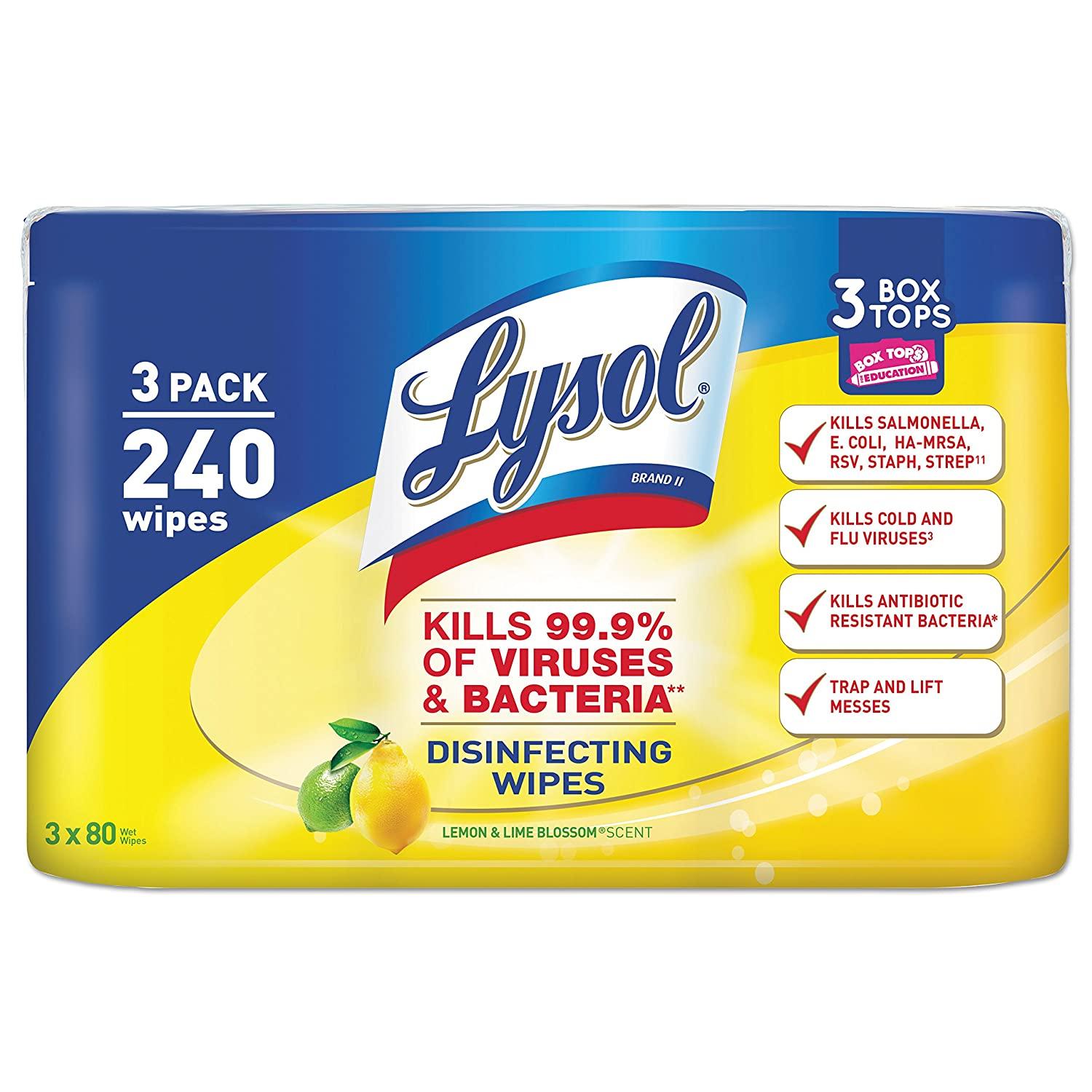 LYSOL Brand 84251CT Disinfecting Wipes, 7x8, Lemon and Lime Blossom, 80 Per Canister, Pack of 3