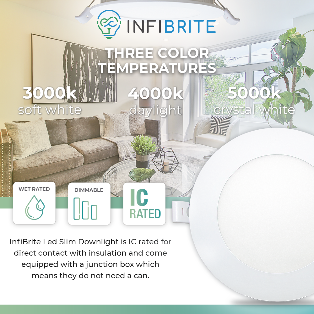 Infibrite 4 Inch 3000K/4000K/5000K Selectable 9W 750 LM Ultra-Slim LED Ceiling Light with Junction Box, Flush Mount, Dimmable, Fixture for Bedroom, Wet Rated for Bathroom, Easy Install, 75W Eqv, ETL & Energy Star, US Company