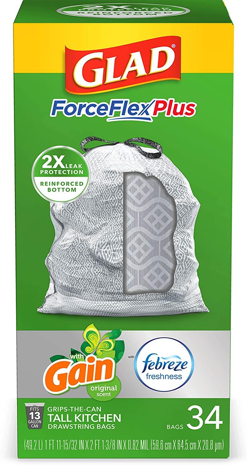 Glad ForceFlexPlus Tall Kitchen Drawstring Trash Bags, 13 Gallon Grey Trash Bag, Gain Original with Febreze Freshness 34 Count (Package May Vary)