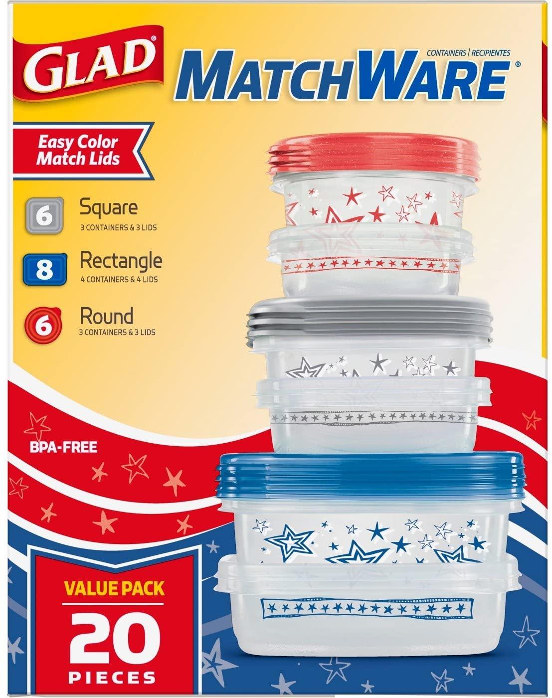 Glad Food Storage Containers, Glad Match Ware Variety Pack, 10 Containers, 20pc Set
