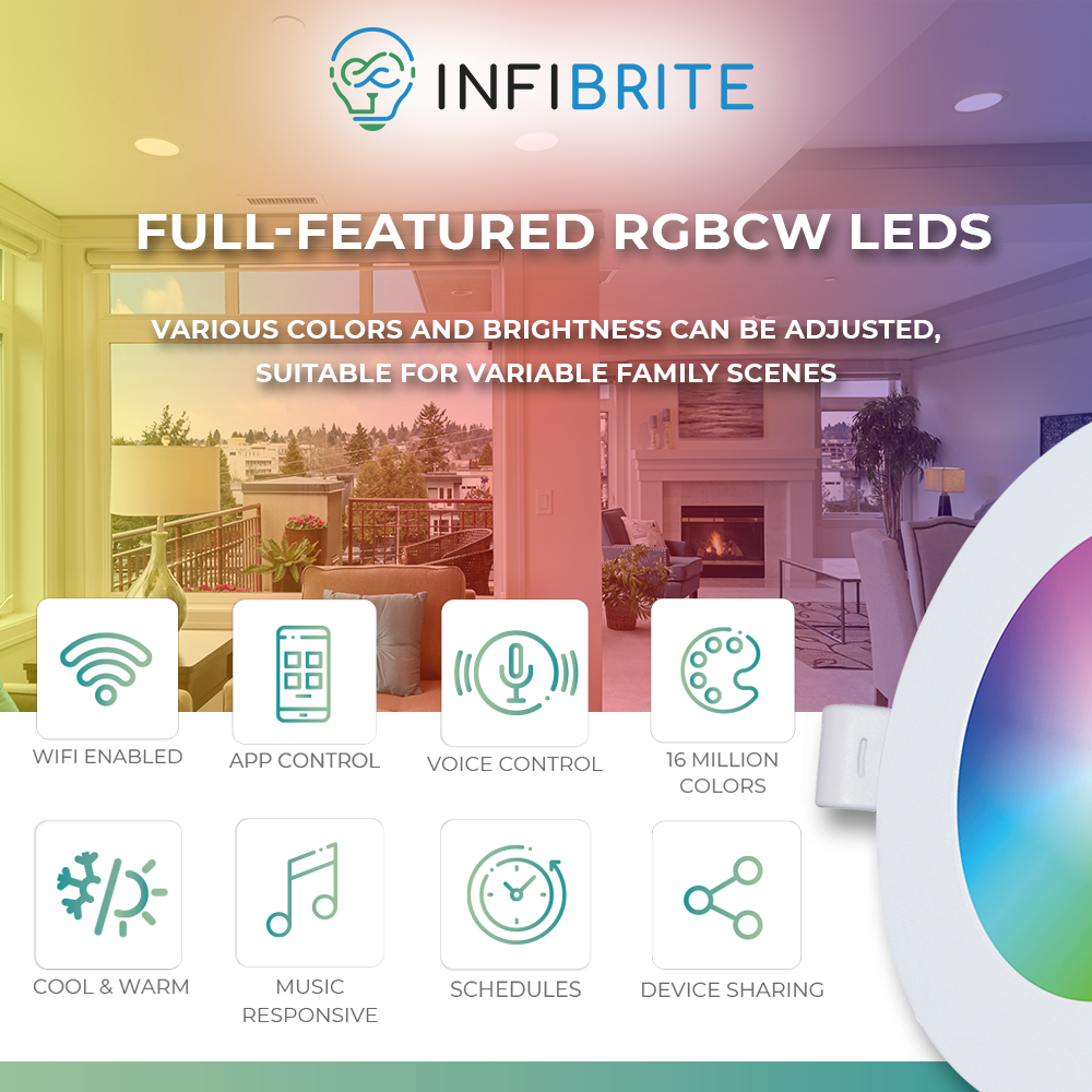 Infibrite 6 Inch Wifi Smart Ultra-Slim LED Ceiling Mount Recessed Light 12W 1100LM Dimmable Retrofit with Junction Box, Easy Install, App & Voice Control, Alexa/Google Compatible, ETL & Energy Star, Wet Rated (6 Pack)