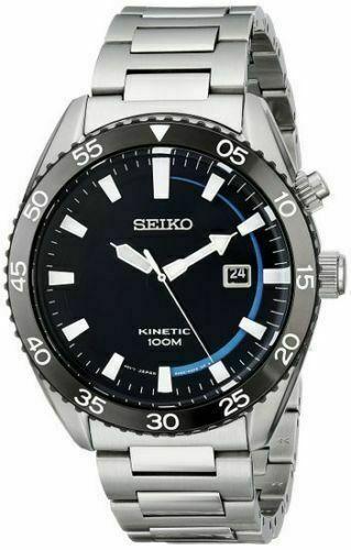 Seiko Men's SKA623 Kinetic 100M Dress Sport S.S. Black Dial Silver Analog Watch