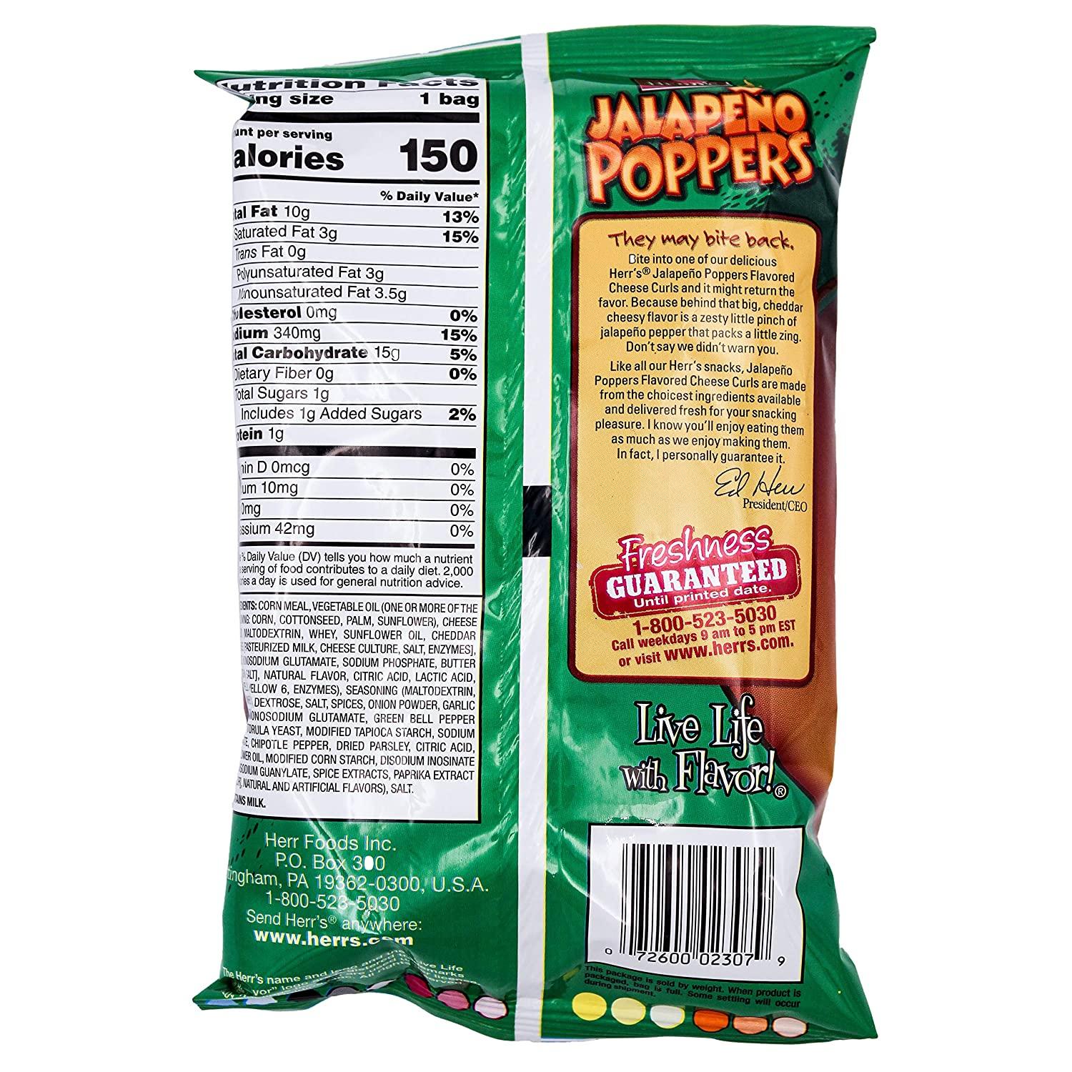 HERR'S Jalapeno Poppers Flavored Cheese Curls, Gluten-Free, 1oz Bag (Pack of 12, Total of 12 Oz)