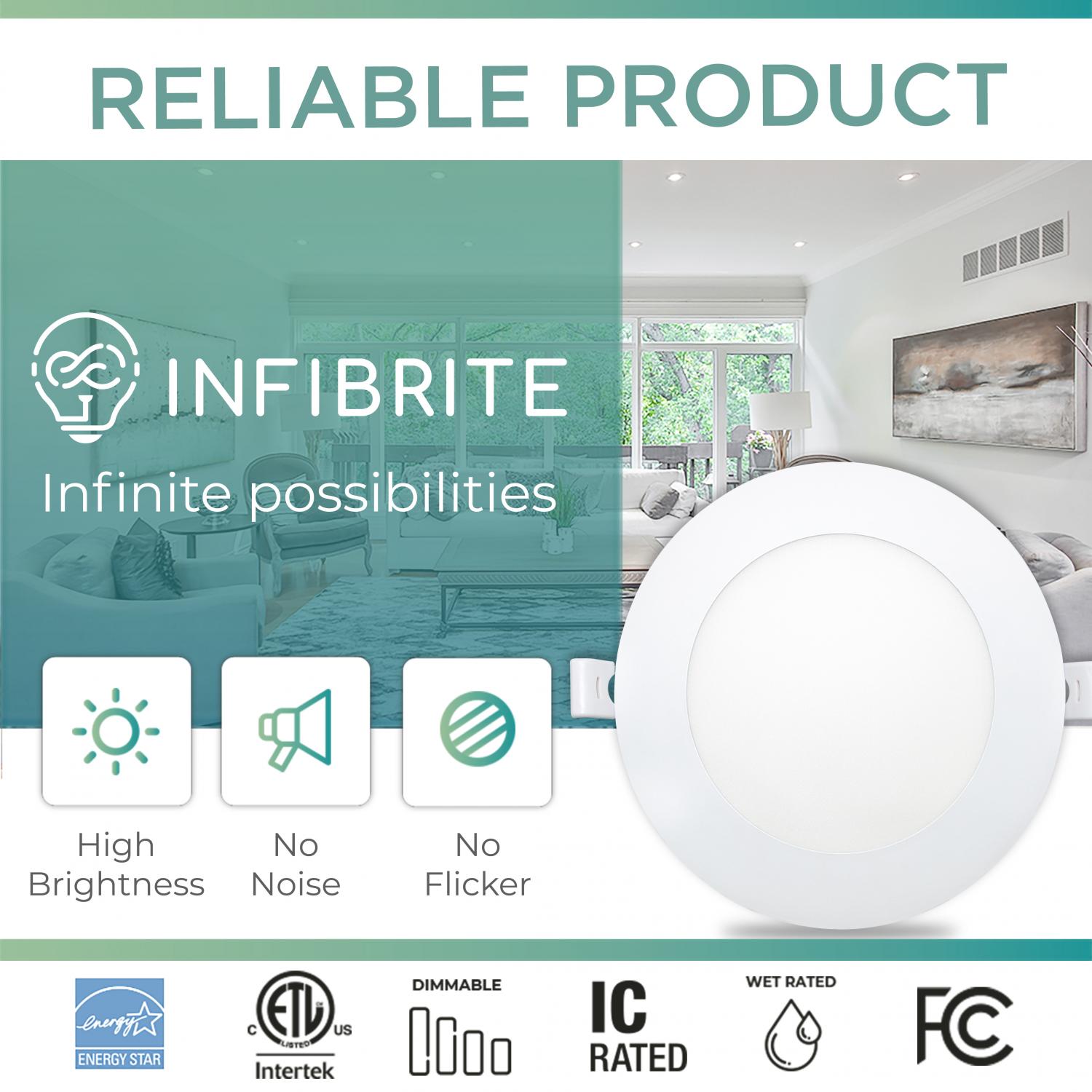 Infibrite 4 Inch 4000K Cool White 9W 750 LM Ultra-Slim LED Ceiling Light with Junction Box, Flush Mount, Dimmable, Fixture for Bedroom, Wet Rated for Bathroom, Easy Install, 75W Eqv, ETL & Energy Star, US Company